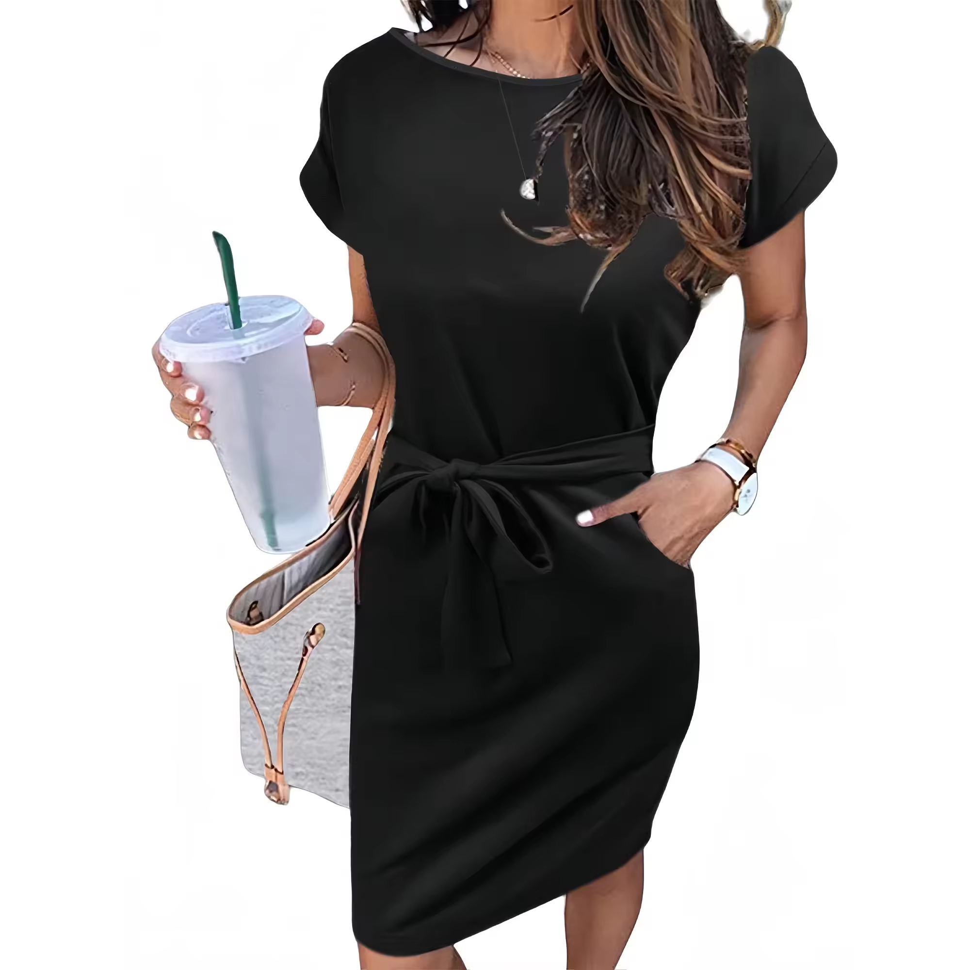 Ladies Solid Black Color Summer Dresses for Women Striped T Shirt Dress Casual Midi Dress Short Sleeve Sundress with Pockets